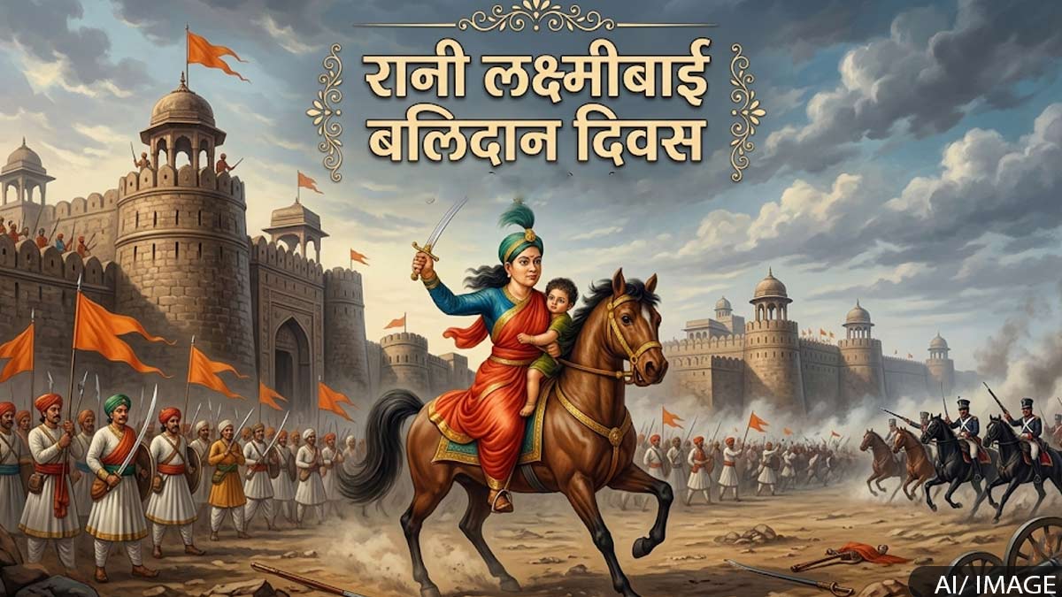 A portrait of the heroic Rani Lakshmibai leading the battle against the British during the First War of Independence in 1857. Image caption: Rani Lakshmibai Martyrdom Day