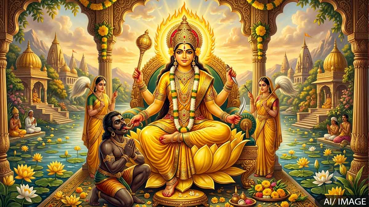 The image depicts the scene of the spiritual sadhana of Goddess Baglamukhi on the Ashtami, eighth day of the Ashadh Gupta Navratri