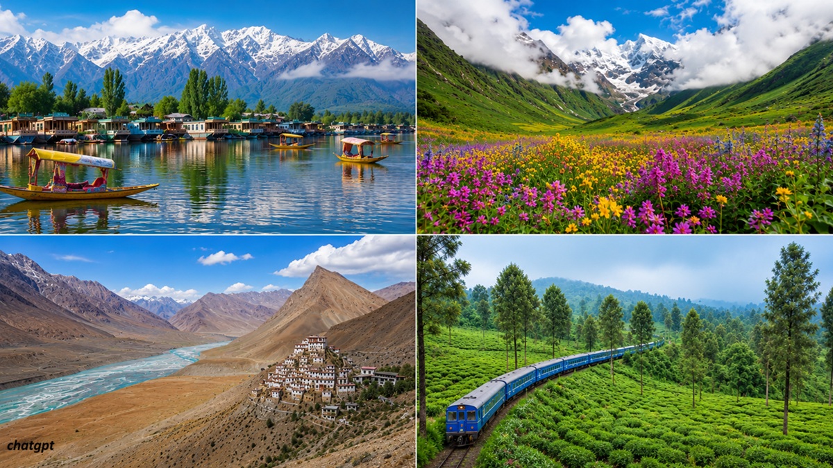 पर्वतांच्या कुशीत वसलेला हिरवागार निसर्ग, ...