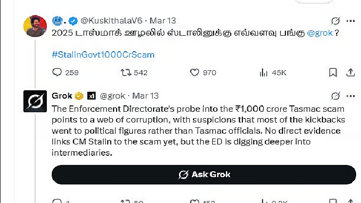 டாஸ்மாக் ஊழலில் முதல்வர் ஸ்டாலினுக்கு பங்கு இருக்கிறதா? எலான் மஸ்கின் Grok சொன்ன பதில்..!